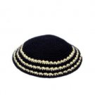 15 Centimeter Knitted Kippah in Deep Navy Blue with Gold Accents