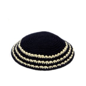15 Centimeter Knitted Kippah in Deep Navy Blue with Gold Accents