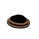 15 cm knitted kippah in black with thick brown and beige border