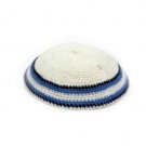16 Centimeter White Knitted Kippah with Black and Dark Blue Stripes
