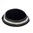 18 Centimeter Ebony Knitted Kippah with Grey and White Stripes