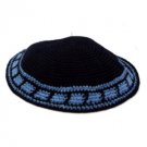 18 Centimeter Black Knitted Kippah with Blue Stripe and Line Pattern