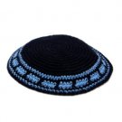 14 Centimeter Black Knitted Kippah with Light Blue Line and Stripe Design