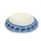 16 cm. White Wool Knitted Kippah with Blue Boundary
