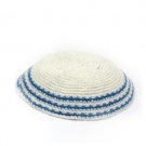 18cm White Knitted Kippah with Thick Yarn and Blue Stripes