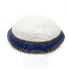 19cm White Knitted Kippah with Blue and Grey Stripes and Thick Yarn