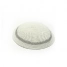 15 Centimeter White Knitted Kippah with Silver Stripe
