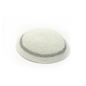 15 Centimeter White Knitted Kippah with Silver Stripe