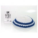 17 Centimeter White Knitted Kippah with Two Blue Stripes in Thick Yarn