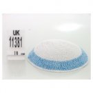 18 Centimeter White Knitted Kippah with Light Blue Stripe