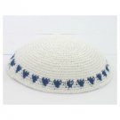 White Knitted Kippah with Blue Flowers