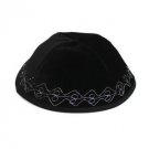 Black Velvet Kippah with Four Sections and Embroidered Silver Lines
