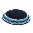 Dark Blue Knitted Kippah with Sky Blue and White Stripes