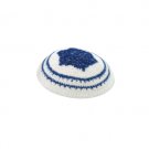 White Knitted Kippah with Blue Star of David and Stripes
