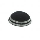 Black Knitted Kippah with Grey and White Stripes
