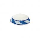 White Knitted Kippah with Blue Stripes and Lines