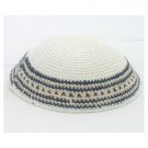White Knitted Kippah with Grey and Blue Stripes