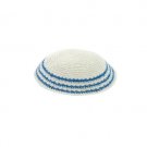 White Knitted Kippah with Three Turquoise Blue Stripes