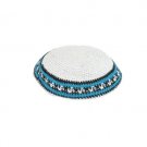 White Knitted Kippah with Blue and Black Stripes