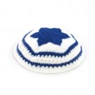 17cm White Knitted Kippah with Blue Star of David and Stripes