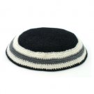 17 Centimeter Jet Black Knitted Kippah with White and Grey Stripes