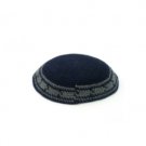 16cm Blue Knitted Kippah with Grey Lines and Arrows