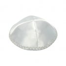20cm White Satin Kippah with Four Sections and Silver Rim