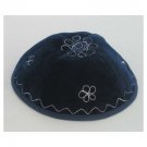 Dark Blue Velvet Kippah with Flowers and Zigzag Lines