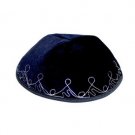 Blue Velvet Kippah with Embroidered Silver Line Design and Four Sections
