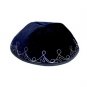 Blue Velvet Kippah with Embroidered Silver Line Design and Four Sections