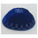 Light Blue Velvet Kippah with Silver Flowers and Loops