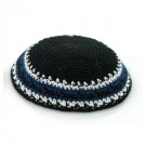 Black Knitted Kippah with Blue and White Stripes