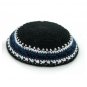 Black Knitted Kippah with Blue and White Stripes