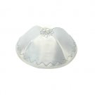 Terylene Kippah with Silver Line Pattern and Flower in White