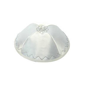 Terylene Kippah with Silver Line Pattern and Flower in White