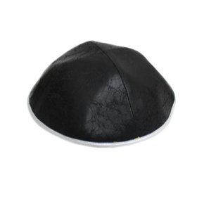 Black Cloth Kippah with Embossed Black Pattern and White Rim