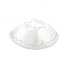 17cm White Satin Kippah with Silver Star of David and Wave Pattern