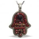 Hamsa Pendant with Red Stones and Beads in Silver