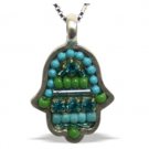 Hamsa Pendant with Turquoise Stones and Green Beads in Silver