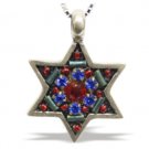 Star of David Pendant with Red and Blue Stones and Beads in Silver