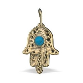 Goldfild Pendant with Hamsa and Blue Turquoise Stone