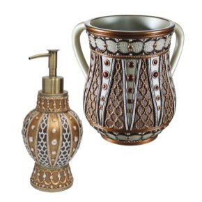Hand washing set includes ritual hand washing pitcher and soap dispenser