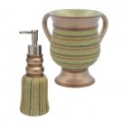 Two piece set of hand washing pitcher and soap dispenser decorated with yarn