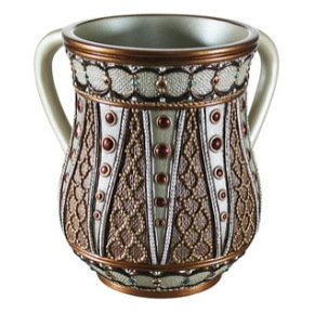 15cm Silver Polyresin Washing Cup with Brown Checkered Pattern and Red Circles