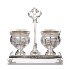Silver Plated Salt Cellar Set with Double Base and Broad Leaves