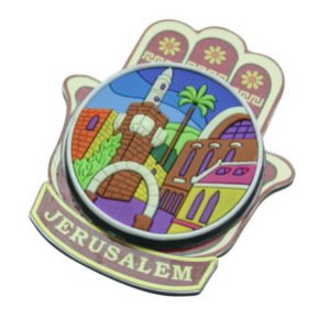 Hamsa Rubber Magnet with Jerusalem and Flowers