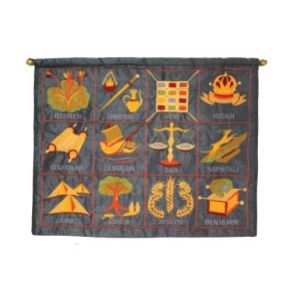 Yair Emanuel Raw Silk Embroidered Wall Decoration with 12 Tribes in English in Blue