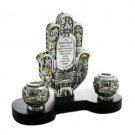 15 Centimeter Hamsa with House Blessing in Hebrew and Candlesticks in Silver Plate