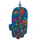 Yair Emanuel Blue Wood Painted Hamsa with Flowers Design Large
