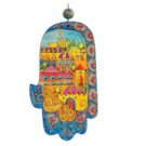 Yair Emanuel Hamsa Wood Painted with Jerusalem Oriental Image Large